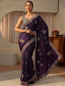 Libas - Purple Chiffon Embellished/Sequined Saree with Unstitched Blouse
