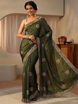 Libas - Olive Chiffon Embellished/Sequined Saree with Unstitched Blouse