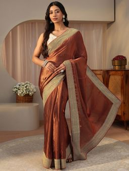 Libas - Brown Tissue Zari Saree with Unstitched Blouse