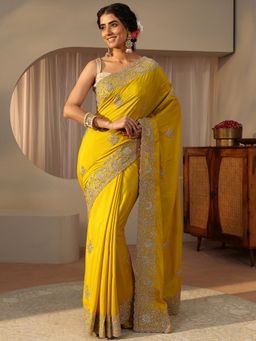 Libas - Yellow Satin Embellished/Sequined Saree with Unstitched Blouse
