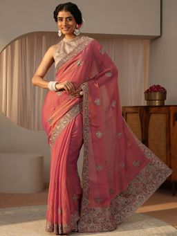 Libas - Peach Tissue Embellished/Sequined Saree with Unstitched Blouse