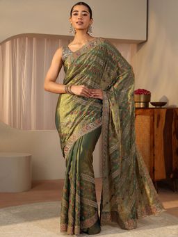Libas - Green Tissue Embellished/Sequined Saree with Unstitched Blouse