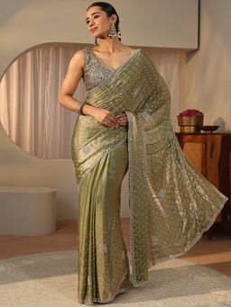 Libas - Green Tissue Embellished/Sequined Saree with Unstitched Blouse