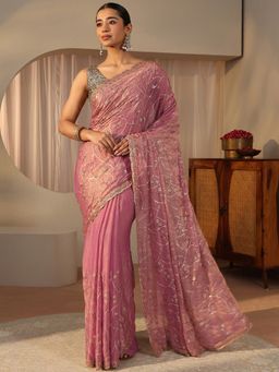 Libas Art - Purple Tissue Embellished/Sequined Saree with Unstitched Blouse
