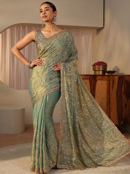 Libas Art - Green Tissue Embellished/Sequined Saree with Unstitched Blouse