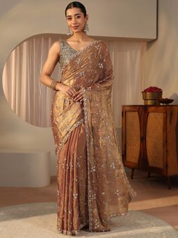 Libas Art - Brown Tissue Embellished/Sequined Saree with Unstitched Blouse