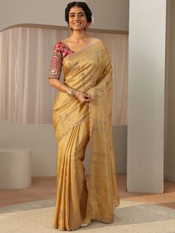 Libas Art - Mustard Satin Embellished/Sequined Saree with Unstitched Blouse
