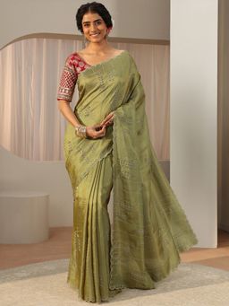 Libas Art - Green Satin Embellished/Sequined Saree with Unstitched Blouse