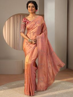 Libas Art - Peach Satin Embellished/Sequined Saree with Unstitched Blouse