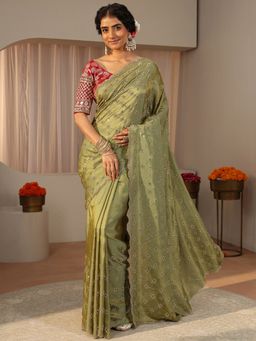 Libas Art - Green Satin Embellished/Sequined Saree with Unstitched Blouse