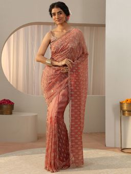 Libas Art - Peach Tissue Embellished/Sequined Saree with Unstitched Blouse