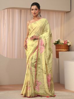 Libas - Green Silk Blend Tassels Saree with Unstitched Blouse