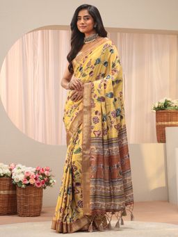 Libas - Mustard Silk Blend Zari Saree with Unstitched Blouse