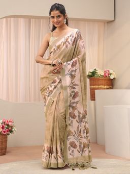 Libas - Cream Silk Blend Printed Saree with Unstitched Blouse