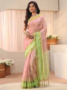Libas - Pink Silk Blend Zari Saree with Unstitched Blouse
