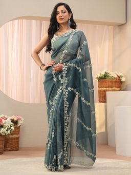 Libas - Green Tissue Embellished/Sequined Saree with Unstitched Blouse