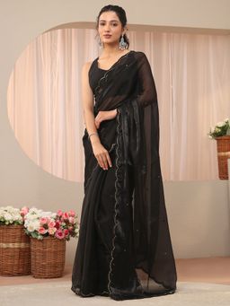 Libas - Black Organza Mirror Work Saree with Unstitched Blouse