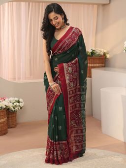 Libas - Green Georgette Printed Saree with Unstitched Blouse