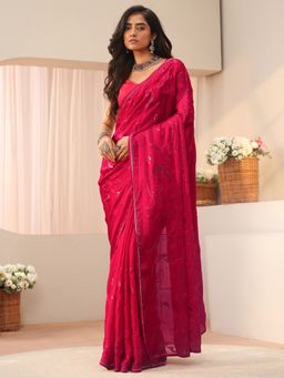 Libas - Red Chiffon Embellished/Sequined Saree with Unstitched Blouse