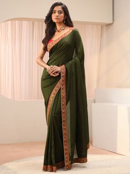 Libas - Green Silk Blend Embroidered Saree with Unstitched Blouse