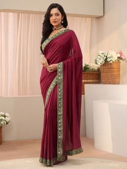 Libas - Maroon Silk Blend Embroidered Saree with Unstitched Blouse