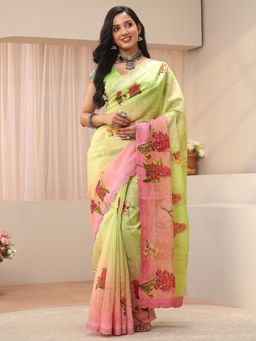 Libas - Green Organza Embellished/Sequined Saree with Unstitched Blouse