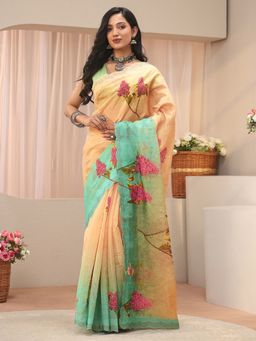 Libas - Beige Organza Embellished/Sequined Saree with Unstitched Blouse