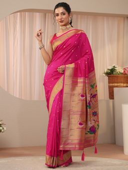 Libas - Pink Silk Blend Zari Saree with Unstitched Blouse