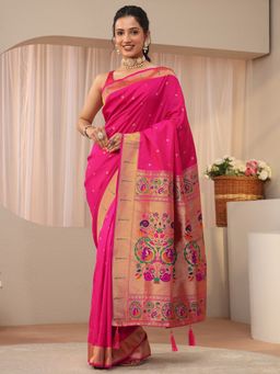 Libas - Pink Silk Blend Zari Saree with Unstitched Blouse
