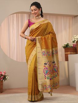 Libas - Mustard Silk Blend Zari Saree with Unstitched Blouse