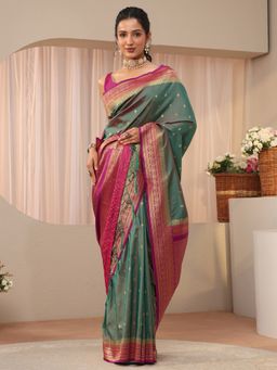 Libas - Green Silk Blend Zari Saree with Unstitched Blouse