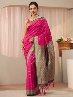Libas - Pink Silk Blend Zari Saree with Unstitched Blouse