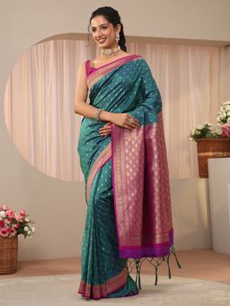 Libas - Green Silk Blend Zari Saree with Unstitched Blouse