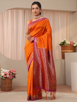 Libas - Orange Silk Blend Zari Saree with Unstitched Blouse