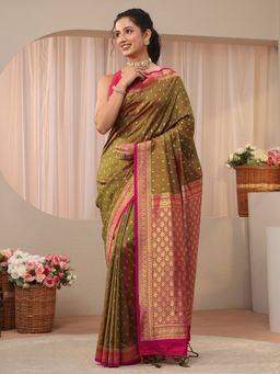 Libas - Green Silk Blend Zari Saree with Unstitched Blouse