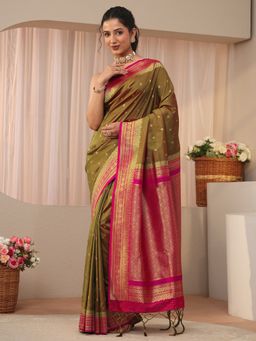 Libas - Green Silk Blend Zari Saree with Unstitched Blouse