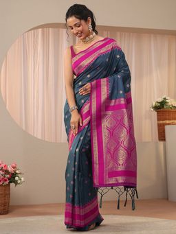 Libas - Teal Silk Blend Zari Saree with Unstitched Blouse