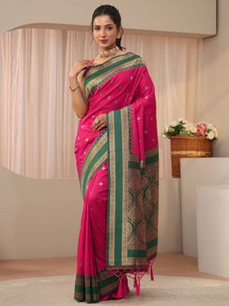 Libas - Pink Silk Blend Zari Saree with Unstitched Blouse