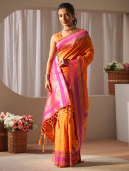 Libas - Orange Silk Blend Zari Saree with Unstitched Blouse