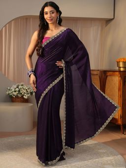 Libas - Purple Tissue Embellished/Sequined Saree with Unstitched Blouse