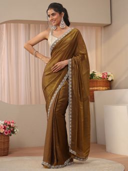 Libas - Olive Tissue Embellished/Sequined Saree with Unstitched Blouse