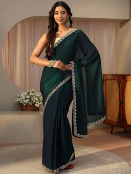 Libas - Green Tissue Embellished/Sequined Saree with Unstitched Blouse