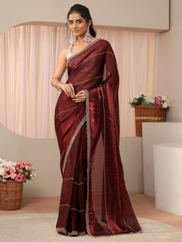 Libas - Brown Tissue Embellished/Sequined Saree with Unstitched Blouse