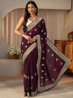 Libas - Burgundy Tissue Embroidered Saree with Unstitched Blouse