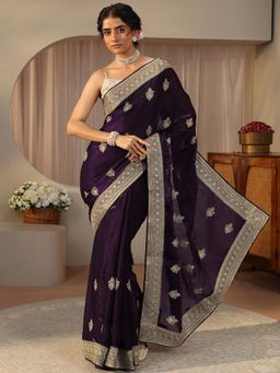 Libas - Purple Tissue Embroidered Saree with Unstitched Blouse