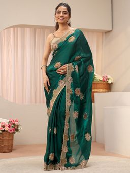 Libas - Green Tissue Embellished/Sequined Saree with Unstitched Blouse