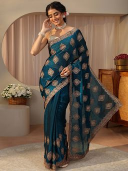Libas - Teal Tissue Embellished/Sequined Saree with Unstitched Blouse