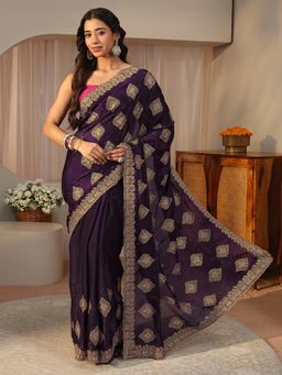 Libas - Purple Tissue Embellished/Sequined Saree with Unstitched Blouse