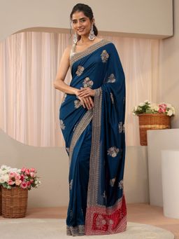 Libas - Teal Silk Blend Embellished/Sequined Saree with Unstitched Blouse