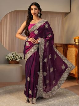 Libas - Burgundy Tissue Embellished/Sequined Saree with Unstitched Blouse